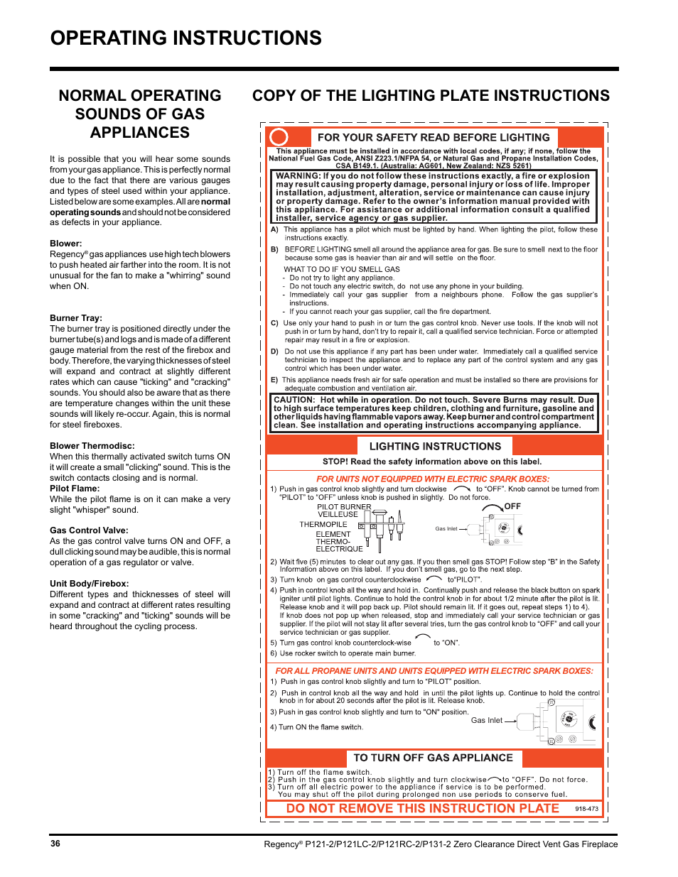 Operating instructions, Copy of the lighting plate instructions, Normal operating sounds of gas appliances | Regency P121 User Manual | Page 36 / 48