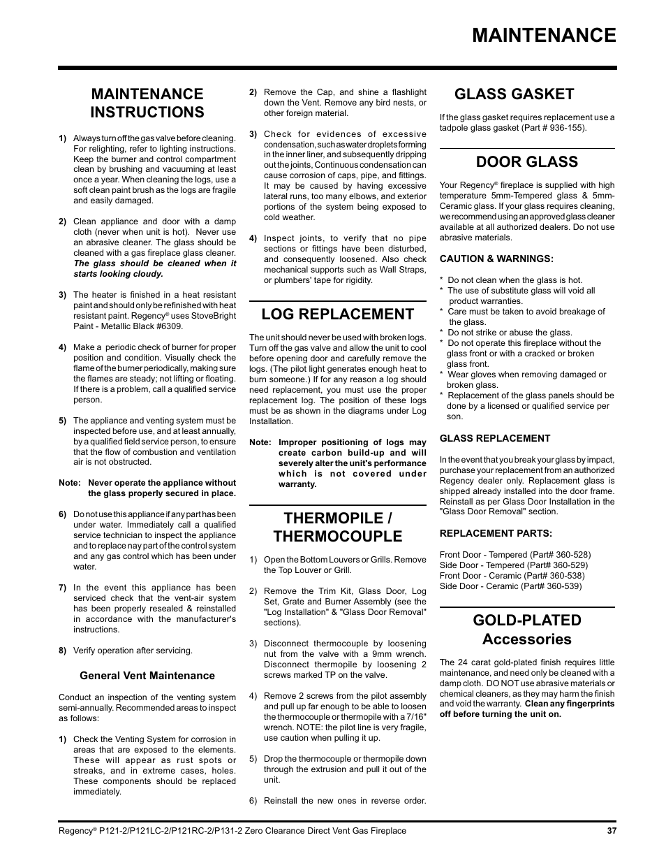 Maintenance, Log replacement, Thermopile / thermocouple | Glass gasket, Door glass, Gold-plated accessories, Maintenance instructions | Regency P121 User Manual | Page 37 / 48