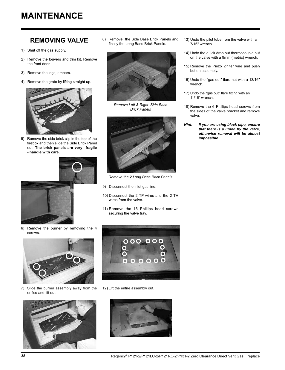 Maintenance, Removing valve | Regency P121 User Manual | Page 38 / 48