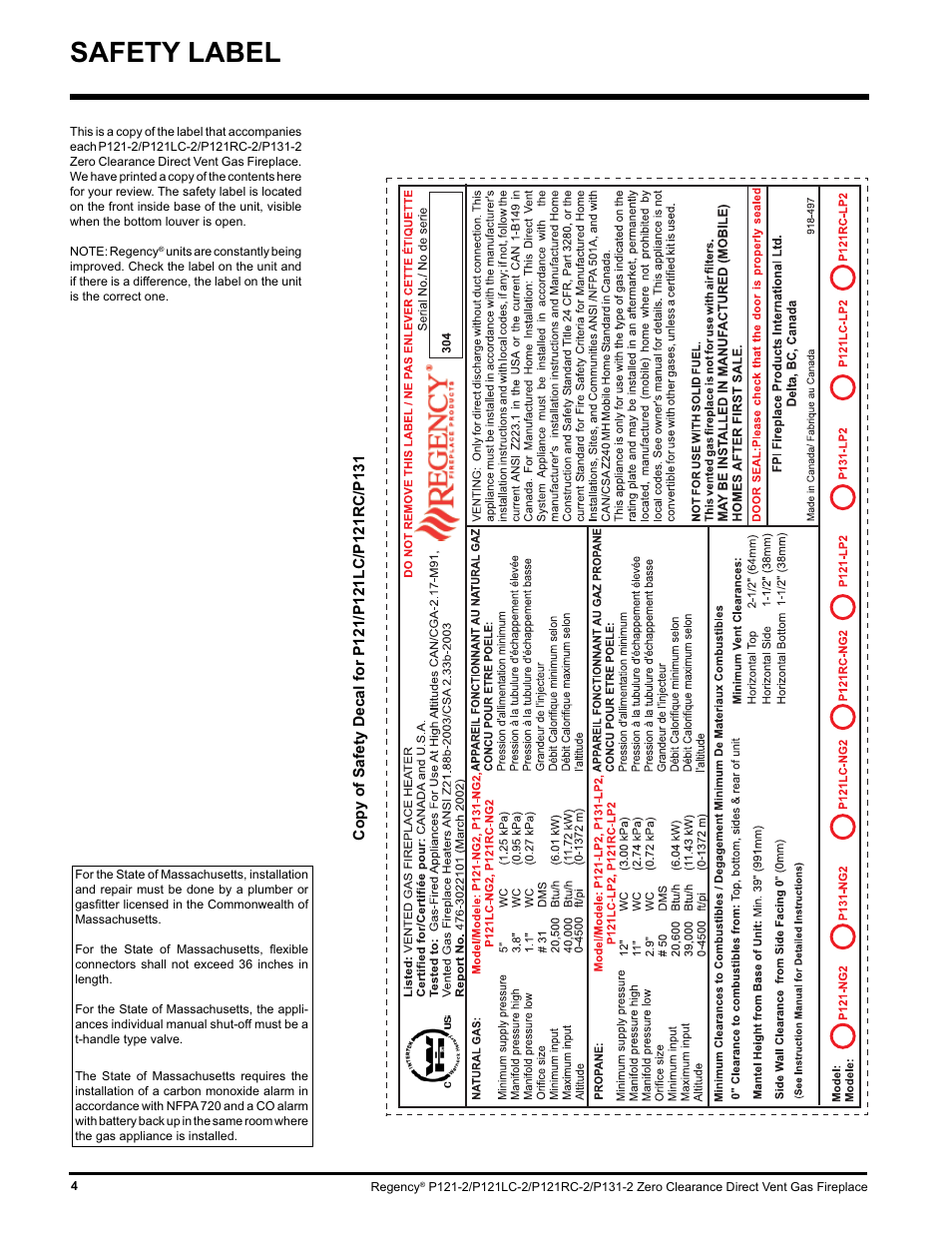 Safety label | Regency P121 User Manual | Page 4 / 48