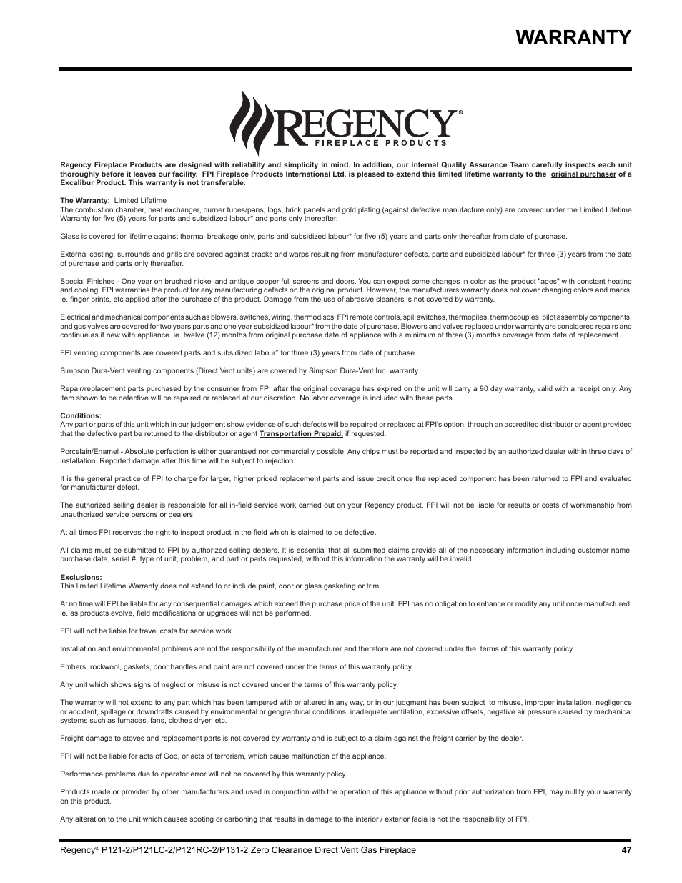 Warranty | Regency P121 User Manual | Page 47 / 48