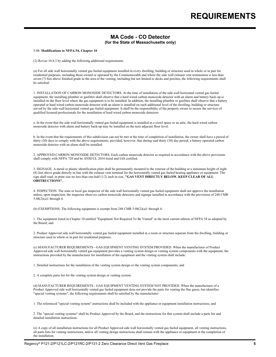 Requirements, Ma code - co detector | Regency P121 User Manual | Page 5 / 48