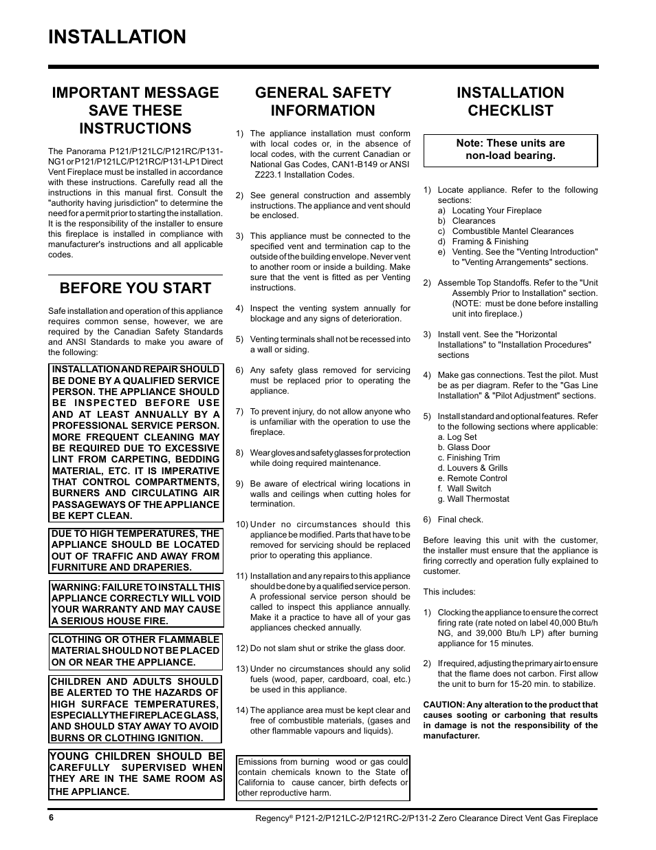 Installation, Installation checklist, Important message save these instructions | Before you start, General safety information | Regency P121 User Manual | Page 6 / 48