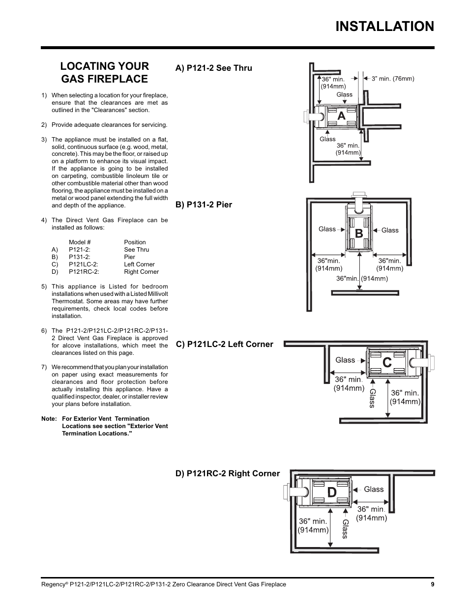 Installation, Locating your gas fireplace | Regency P121 User Manual | Page 9 / 48