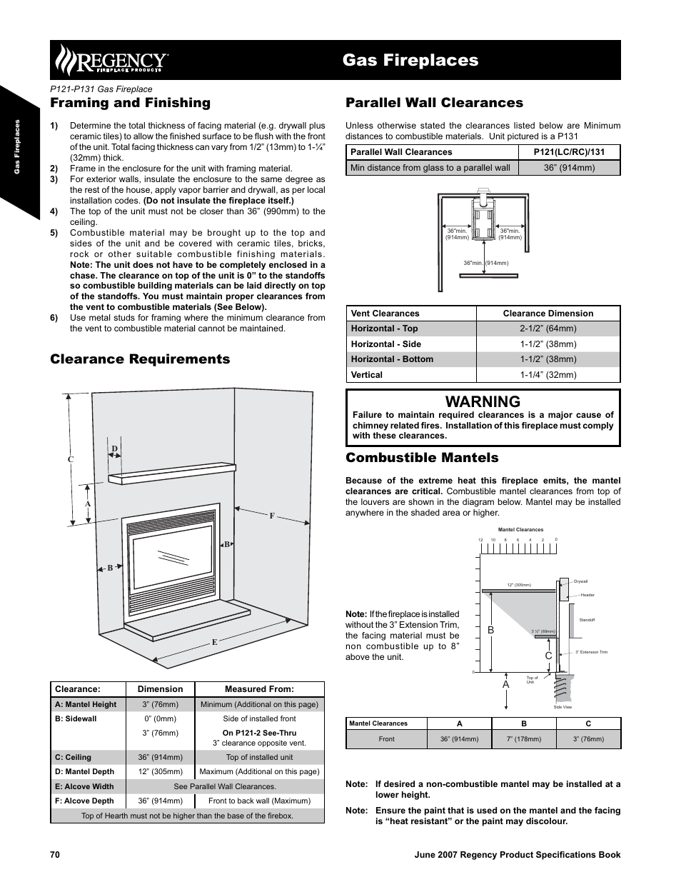 Gas fireplaces, Warning, Framing and finishing | Combustible mantels, Parallel wall clearances, Clearance requirements | Regency Zero Clearance Direct Vent Gas Fireplace P121/P131-LP2 User Manual | Page 2 / 7