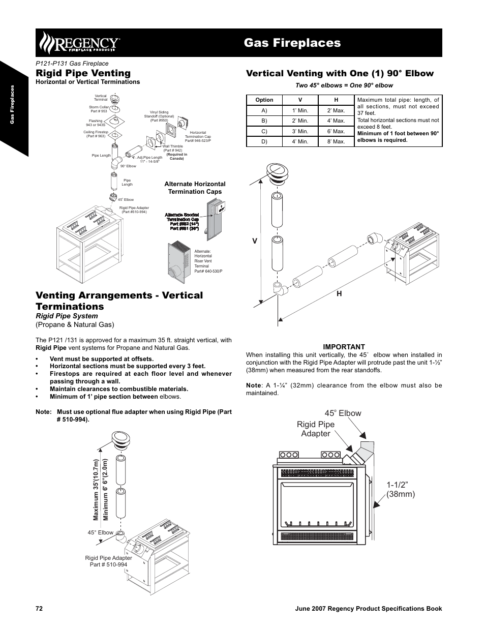 Gas fireplaces, Venting arrangements - vertical terminations, Rigid pipe venting | Vertical venting with one (1) 90° elbow, Rigid pipe system (propane & natural gas), Important | Regency Zero Clearance Direct Vent Gas Fireplace P121/P131-LP2 User Manual | Page 4 / 7