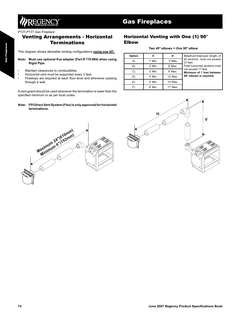 Gas fireplaces, Venting arrangements - horizontal terminations, Horizontal venting with one (1) 90° elbow | Regency Zero Clearance Direct Vent Gas Fireplace P121/P131-LP2 User Manual | Page 6 / 7