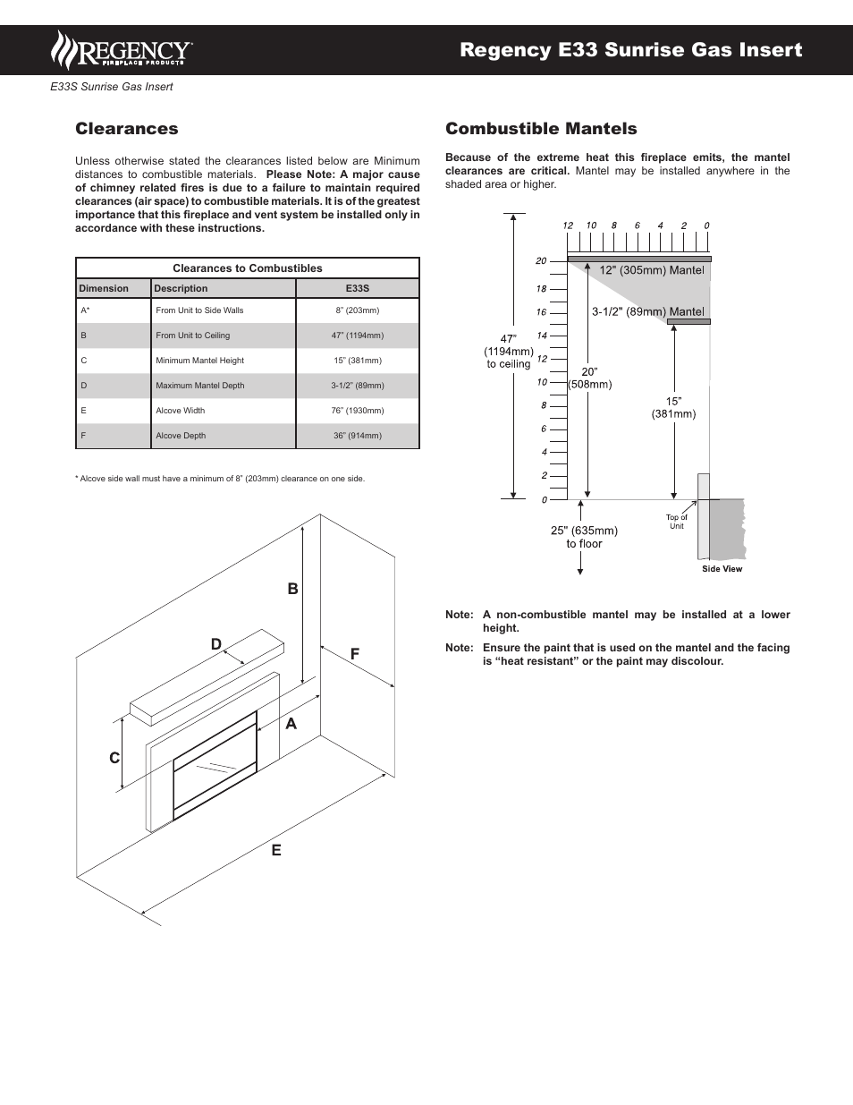 Regency e33 sunrise gas insert, Clearances, Combustible mantels | Regency Sunrise E33S User Manual | Page 2 / 2