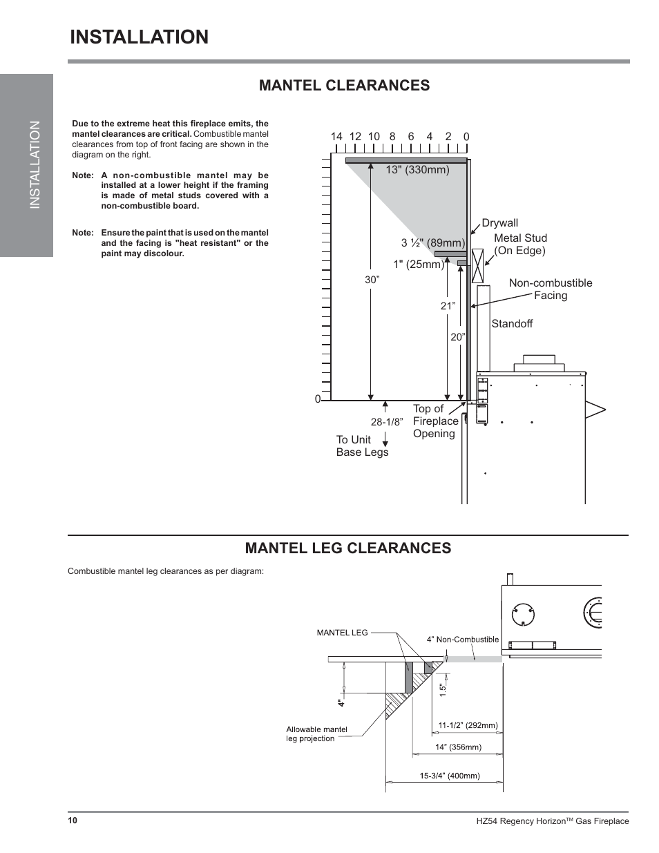 Installation, Mantel clearances, Mantel leg clearances | Regency Horizon HZ54 User Manual | Page 10 / 48