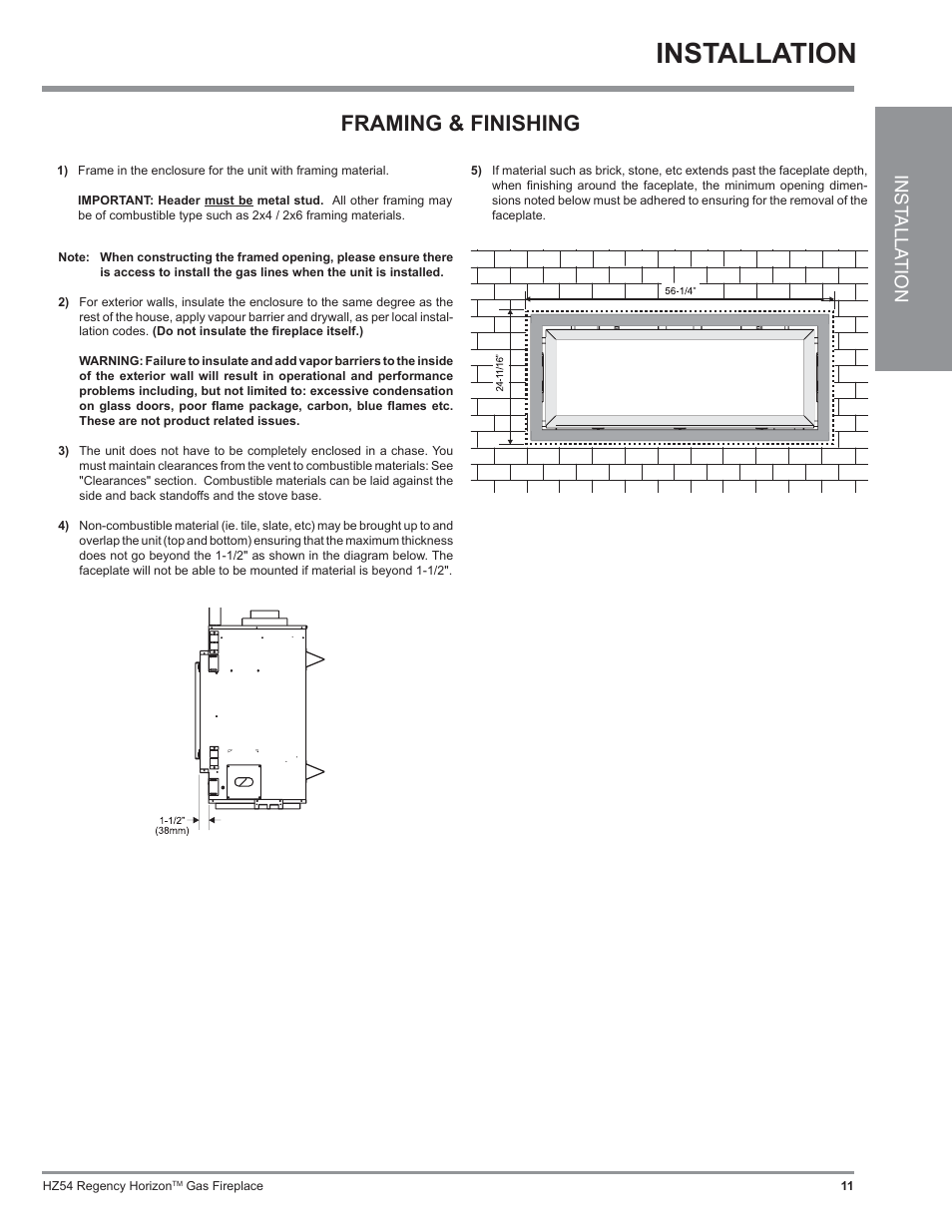 Installation, Framing & finishing, Inst alla tion | Regency Horizon HZ54 User Manual | Page 11 / 48