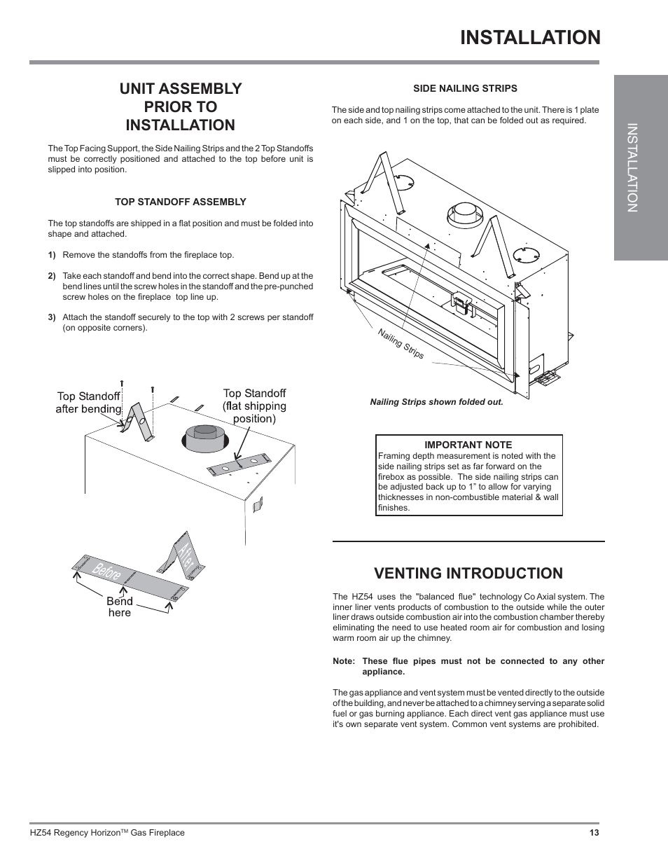 Installation, Unit assembly prior to installation, Venting introduction | Inst alla tion | Regency Horizon HZ54 User Manual | Page 13 / 48