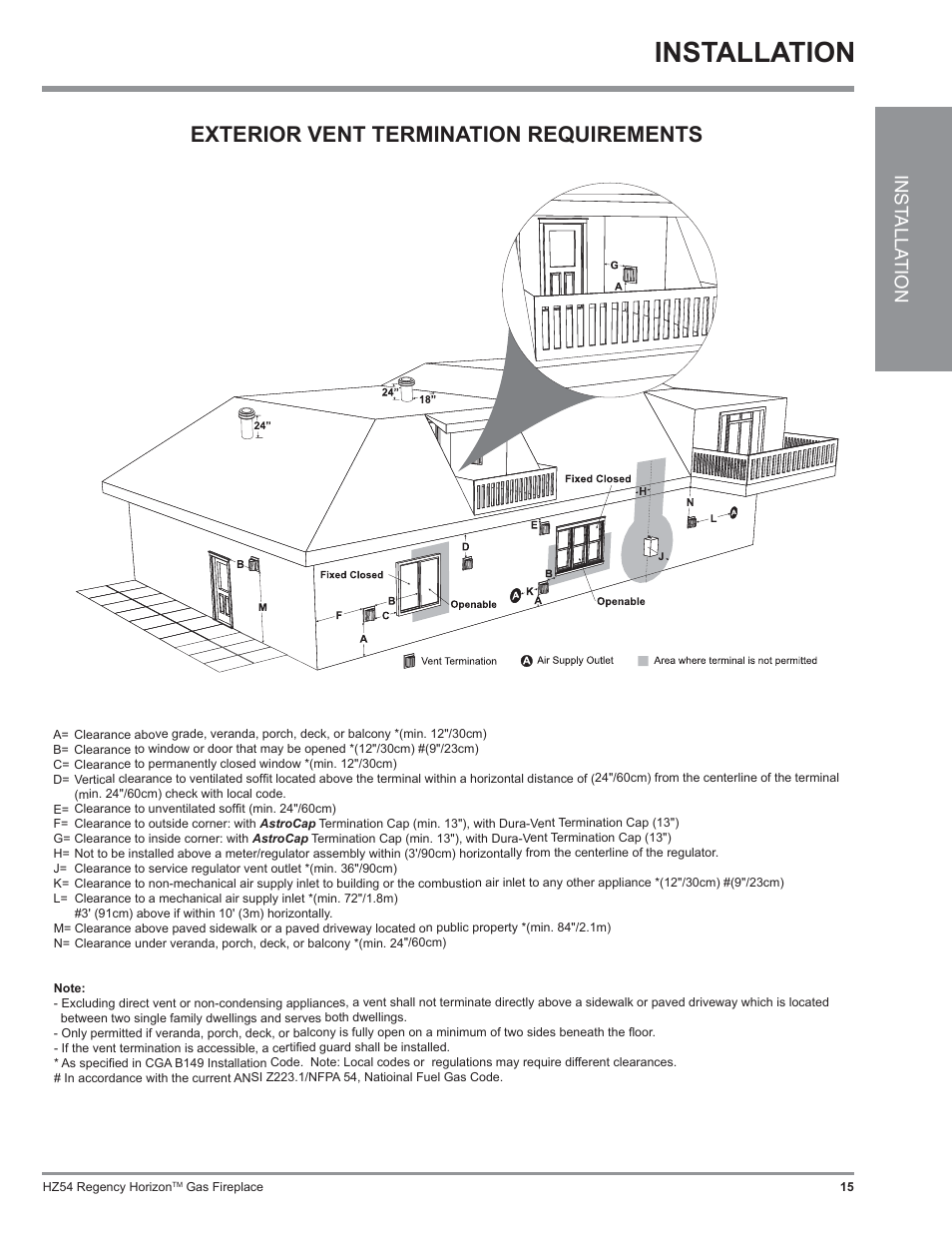 Installation, Exterior vent termination requirements, Inst alla tion | Regency Horizon HZ54 User Manual | Page 15 / 48