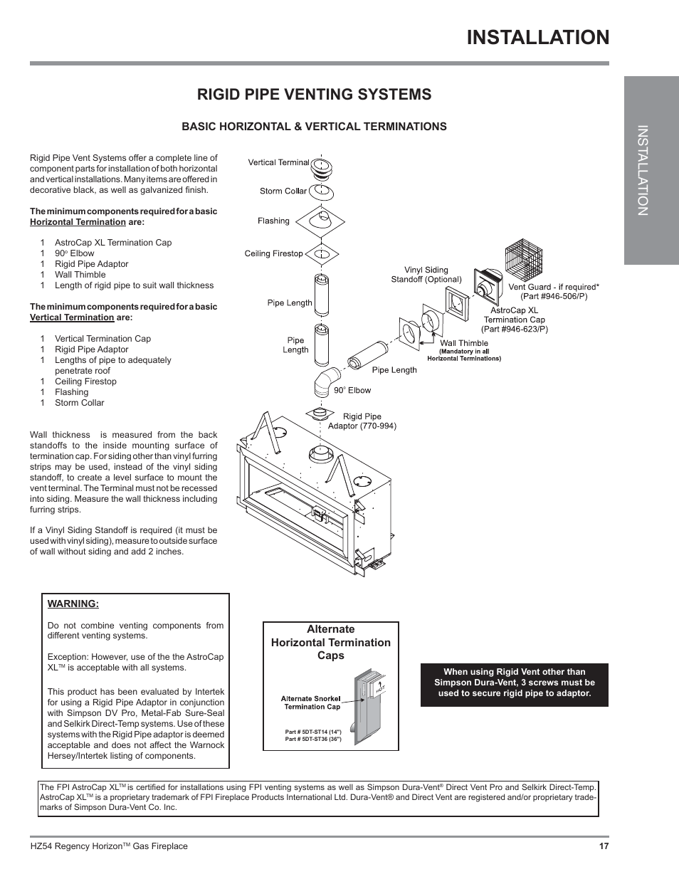 Installation, Rigid pipe venting systems, Inst alla tion | Regency Horizon HZ54 User Manual | Page 17 / 48