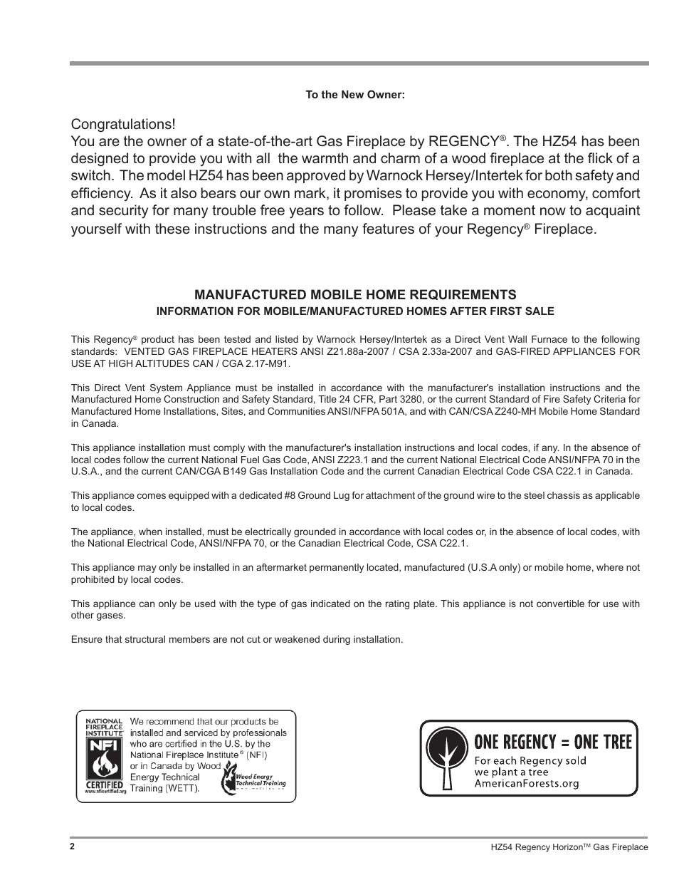 Fireplace, Manufactured mobile home requirements | Regency Horizon HZ54 User Manual | Page 2 / 48