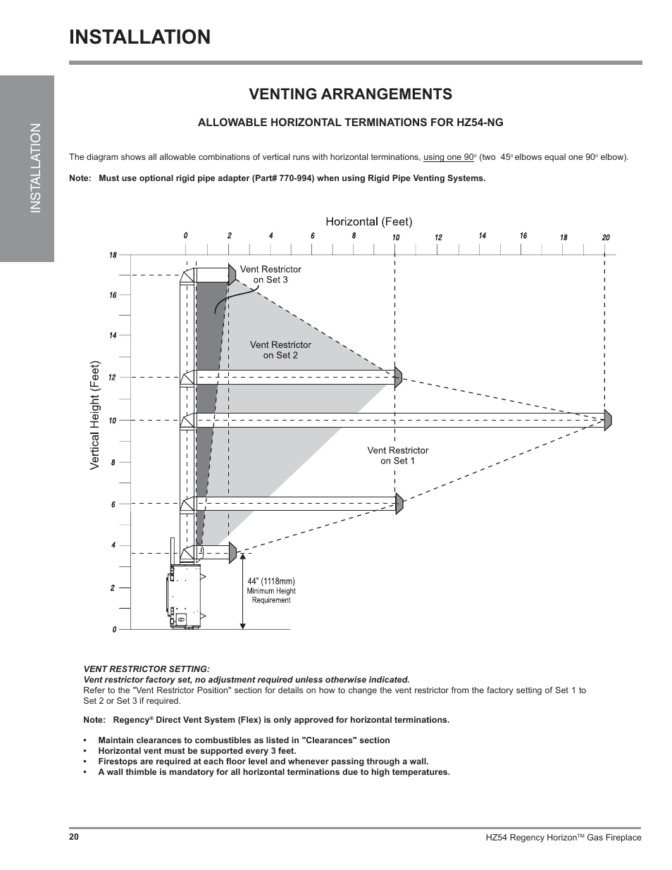 Installation, Venting arrangements, Inst alla tion | Regency Horizon HZ54 User Manual | Page 20 / 48
