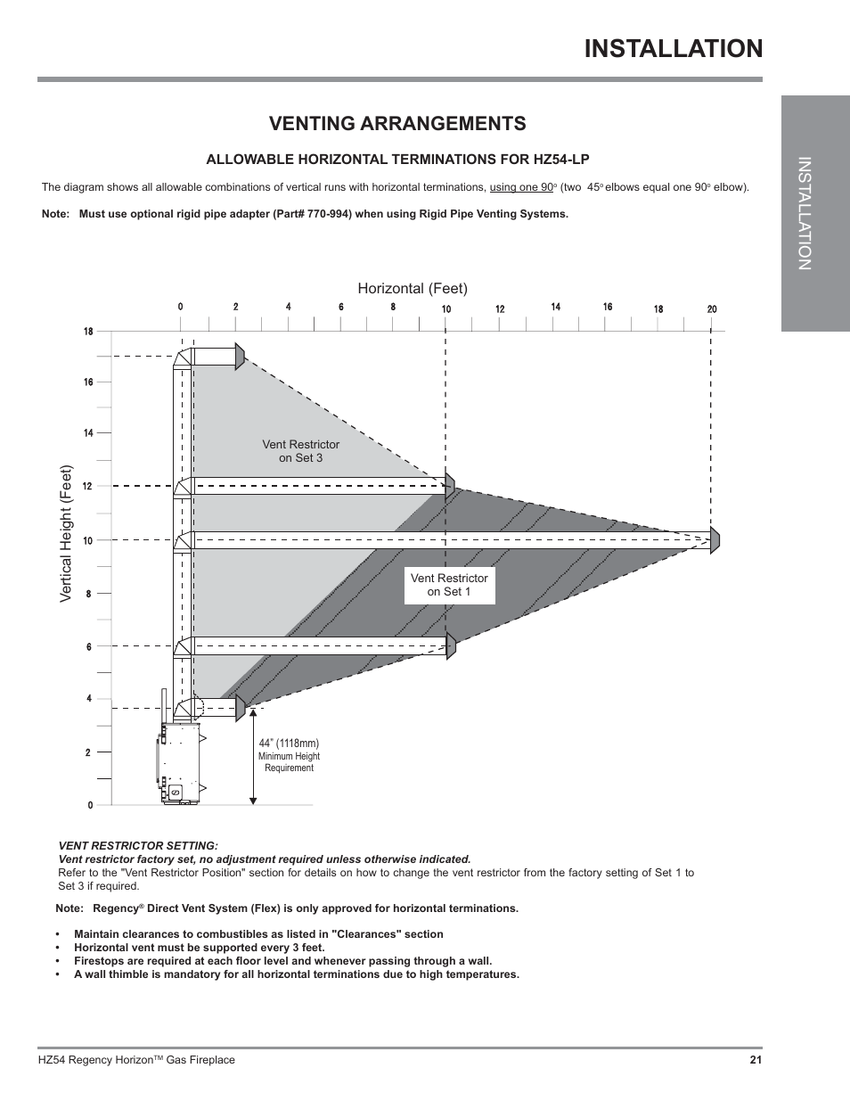 Installation, Venting arrangements, Inst alla tion | Vertical height (feet) horizontal (feet) | Regency Horizon HZ54 User Manual | Page 21 / 48