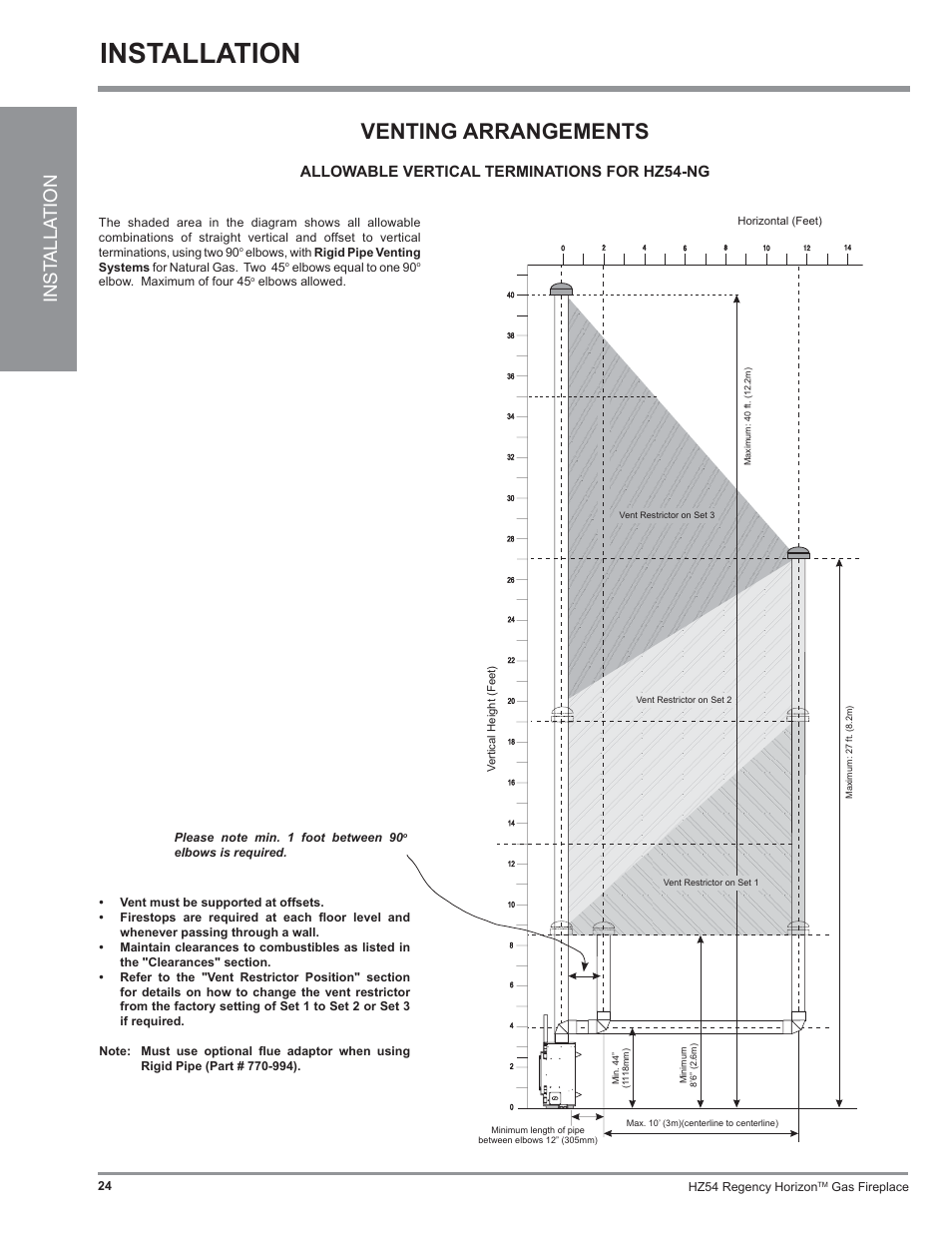 Installation, Venting arrangements, Inst alla tion | Allowable vertical terminations for hz54-ng | Regency Horizon HZ54 User Manual | Page 24 / 48