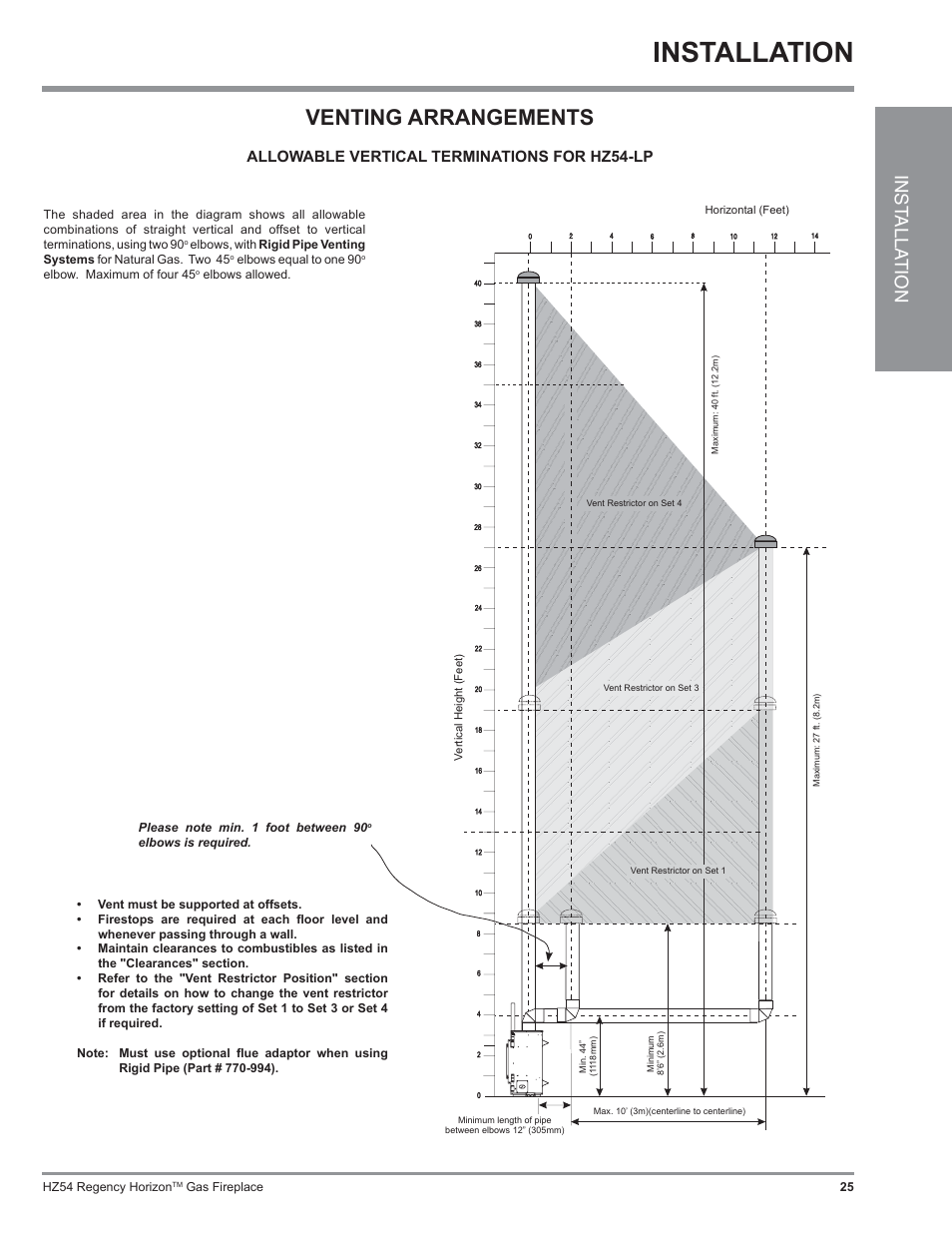 Installation, Venting arrangements, Inst alla tion | Allowable vertical terminations for hz54-lp | Regency Horizon HZ54 User Manual | Page 25 / 48