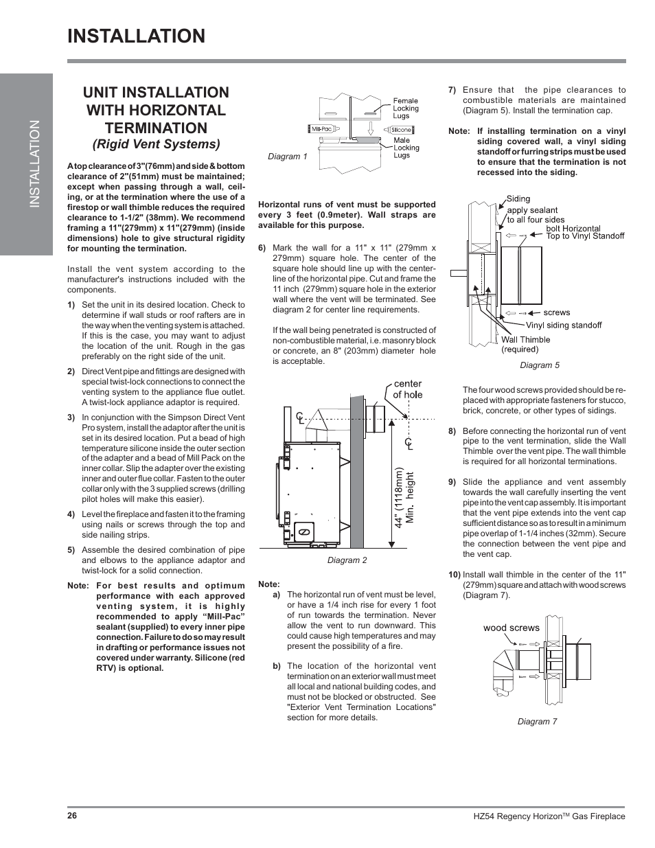 Installation, Unit installation with horizontal termination, Inst alla tion | Rigid vent systems) | Regency Horizon HZ54 User Manual | Page 26 / 48