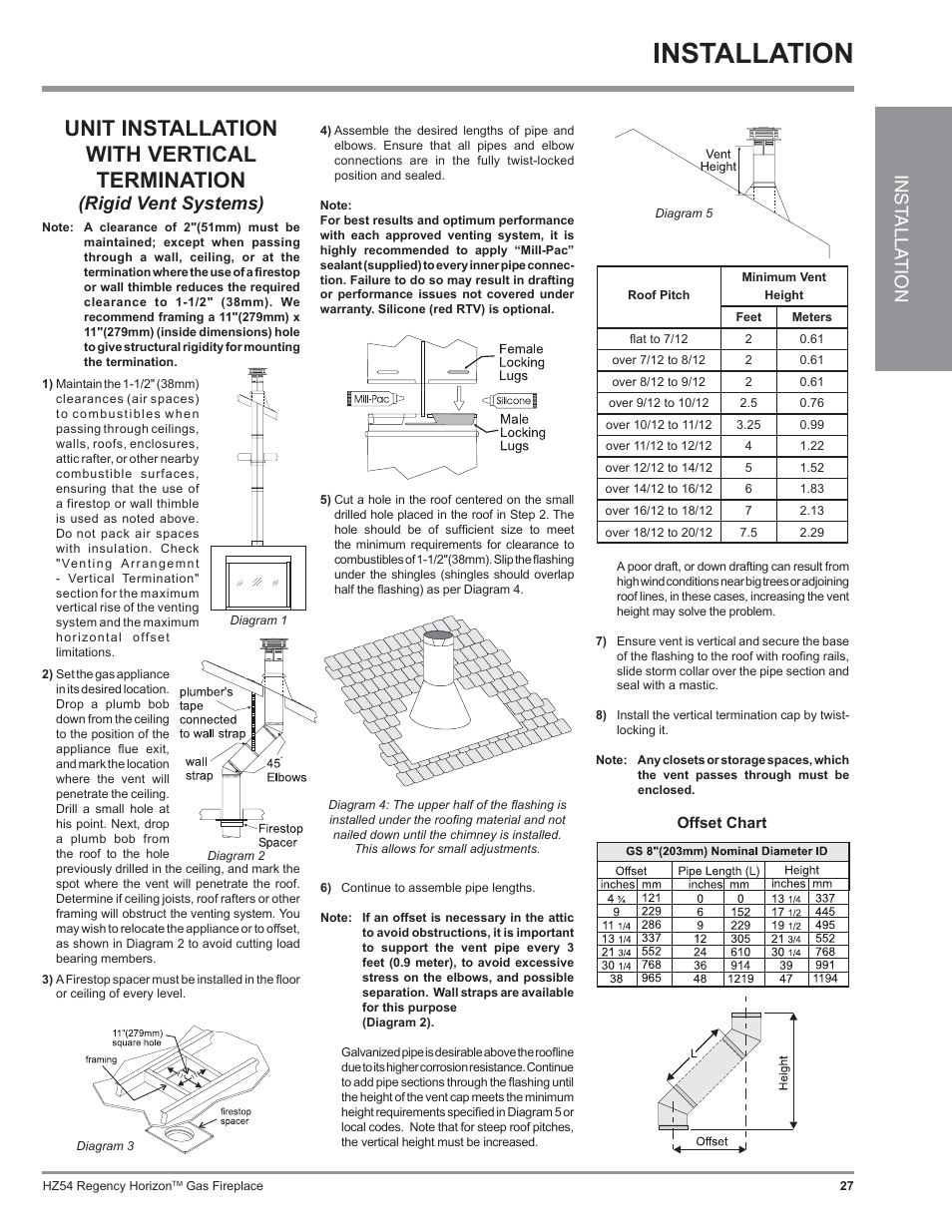 Installation, Unit installation with vertical termination, Inst alla tion | Rigid vent systems) | Regency Horizon HZ54 User Manual | Page 27 / 48