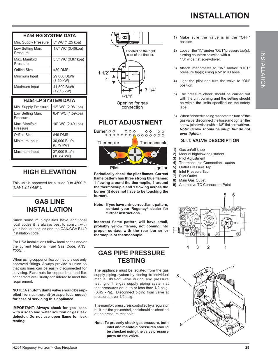 Installation, Gas pipe pressure testing, High elevation | Gas line installation, Pilot adjustment, Inst alla tion | Regency Horizon HZ54 User Manual | Page 29 / 48