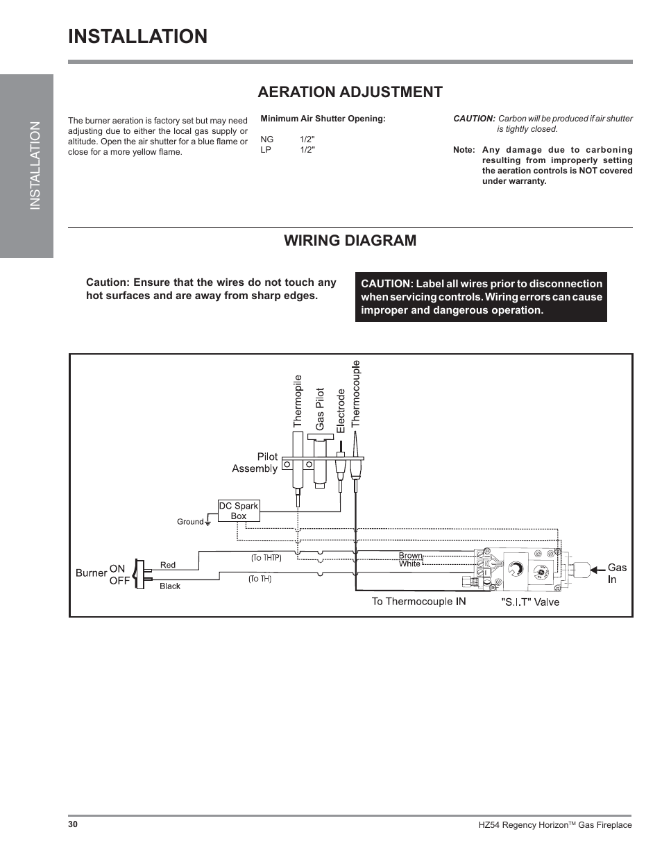 Installation, Wiring diagram aeration adjustment | Regency Horizon HZ54 User Manual | Page 30 / 48