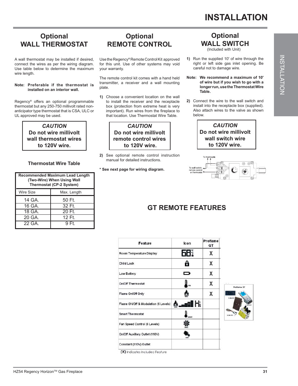 Installation, Optional wall switch, Optional wall thermostat | Optional remote control, Gt remote features | Regency Horizon HZ54 User Manual | Page 31 / 48