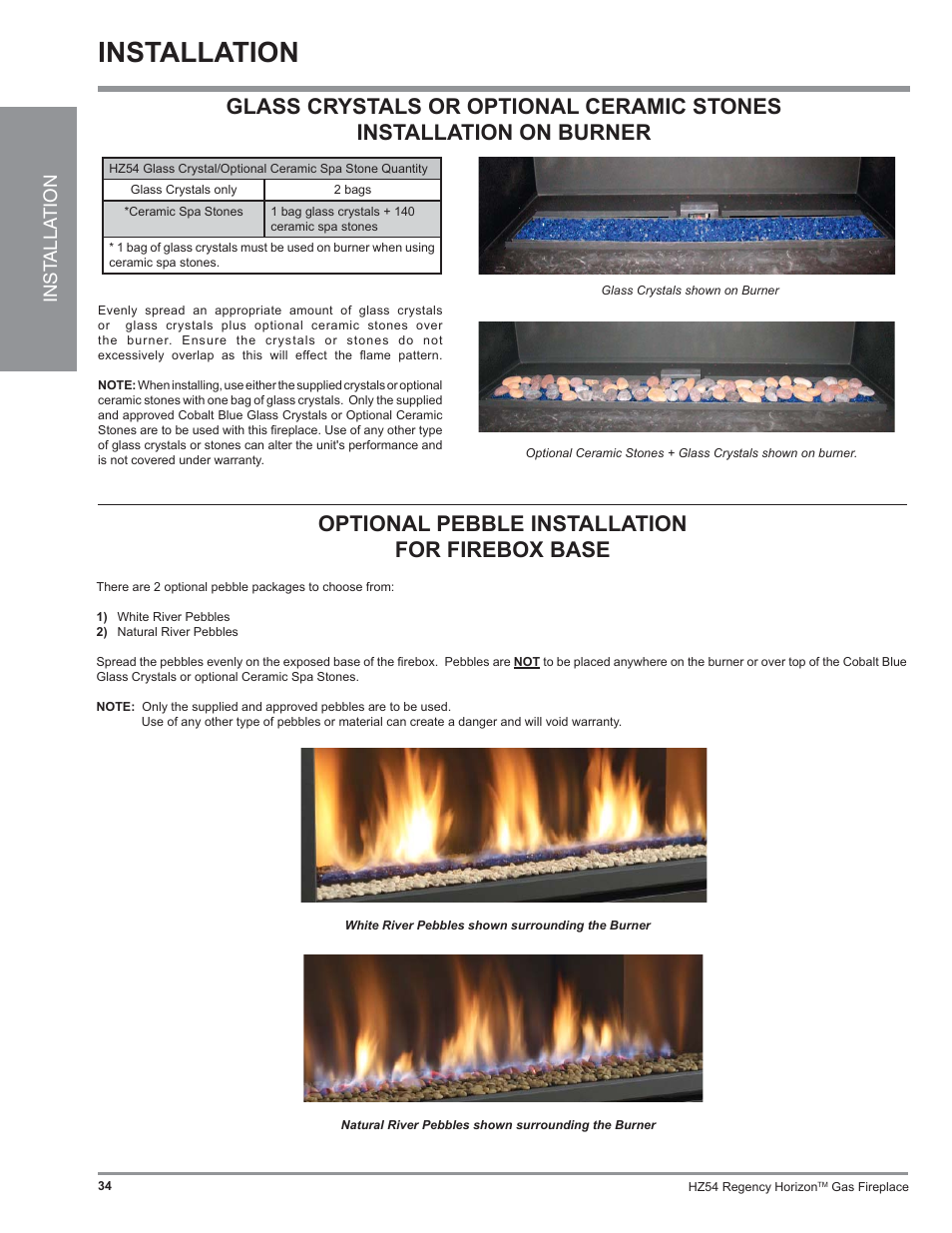 Installation, Optional pebble installation for firebox base, Inst alla tion | Regency Horizon HZ54 User Manual | Page 34 / 48