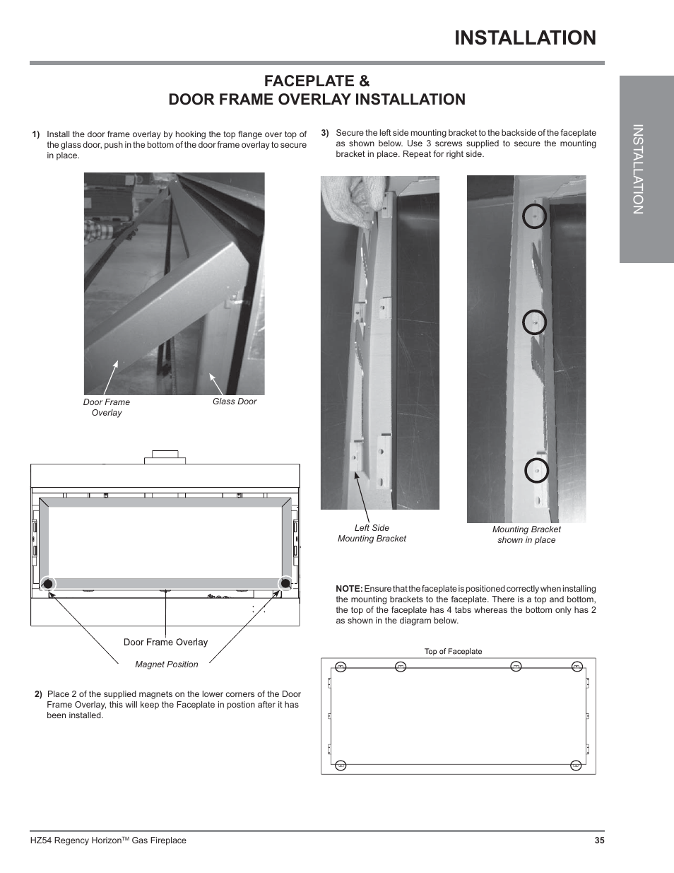 Installation, Faceplate & door frame overlay installation, Inst alla tion | Regency Horizon HZ54 User Manual | Page 35 / 48