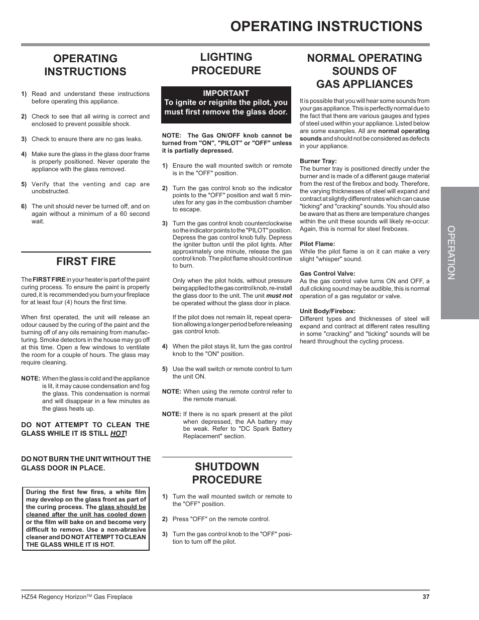 Operating instructions, Lighting procedure, Shutdown procedure | Opera tion | Regency Horizon HZ54 User Manual | Page 37 / 48