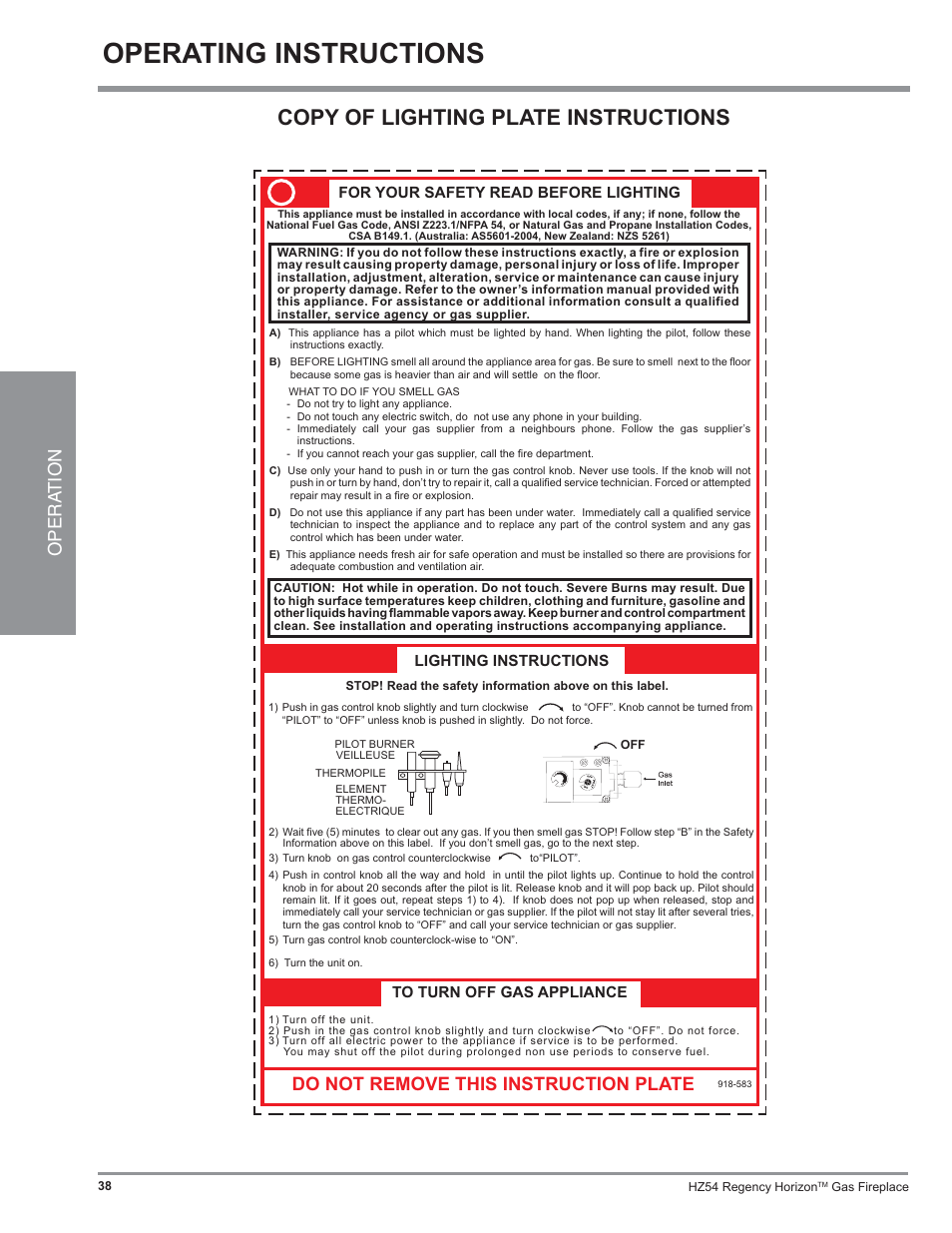 Operating instructions, Copy of lighting plate instructions, Opera tion | Do not remove this instruction plate | Regency Horizon HZ54 User Manual | Page 38 / 48