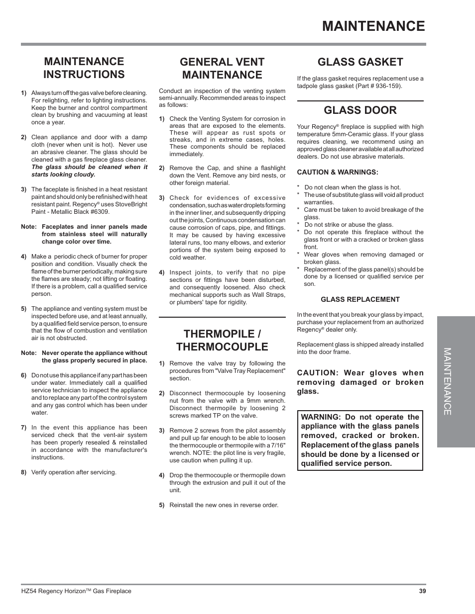 Maintenance instructions, Glass gasket, General vent maintenance | Thermopile / thermocouple, Glass door, Maintenance | Regency Horizon HZ54 User Manual | Page 39 / 48