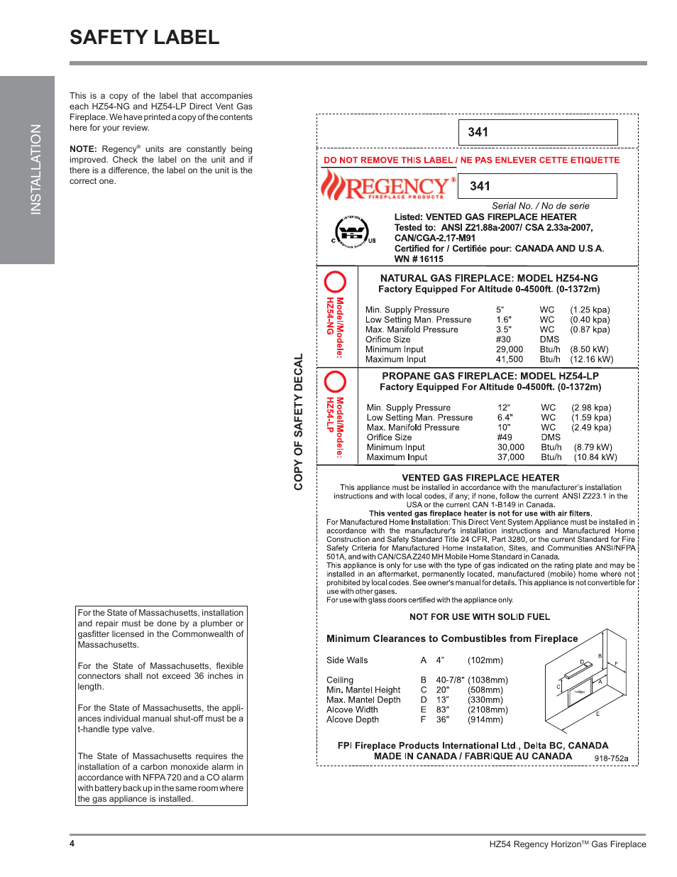 Safety label, Inst alla tion | Regency Horizon HZ54 User Manual | Page 4 / 48