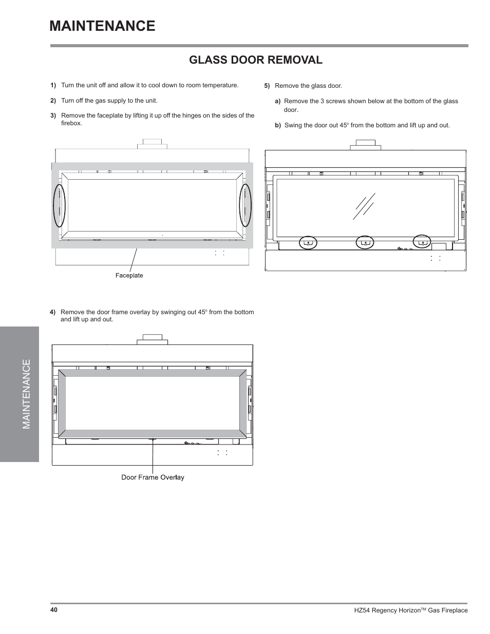 Glass door removal, Maintenance | Regency Horizon HZ54 User Manual | Page 40 / 48