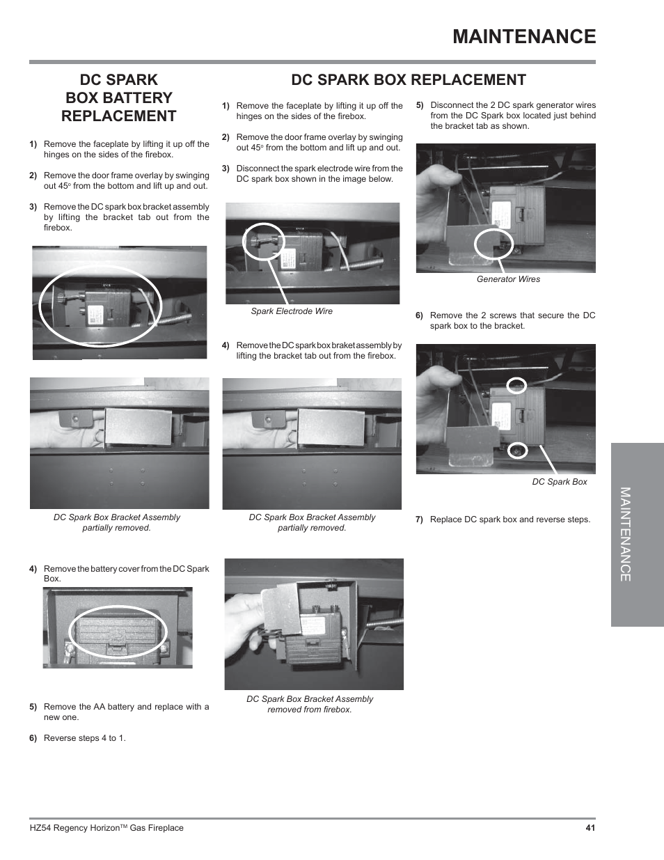 Dc spark box replacement, Dc spark box battery replacement, Maintenance | Regency Horizon HZ54 User Manual | Page 41 / 48