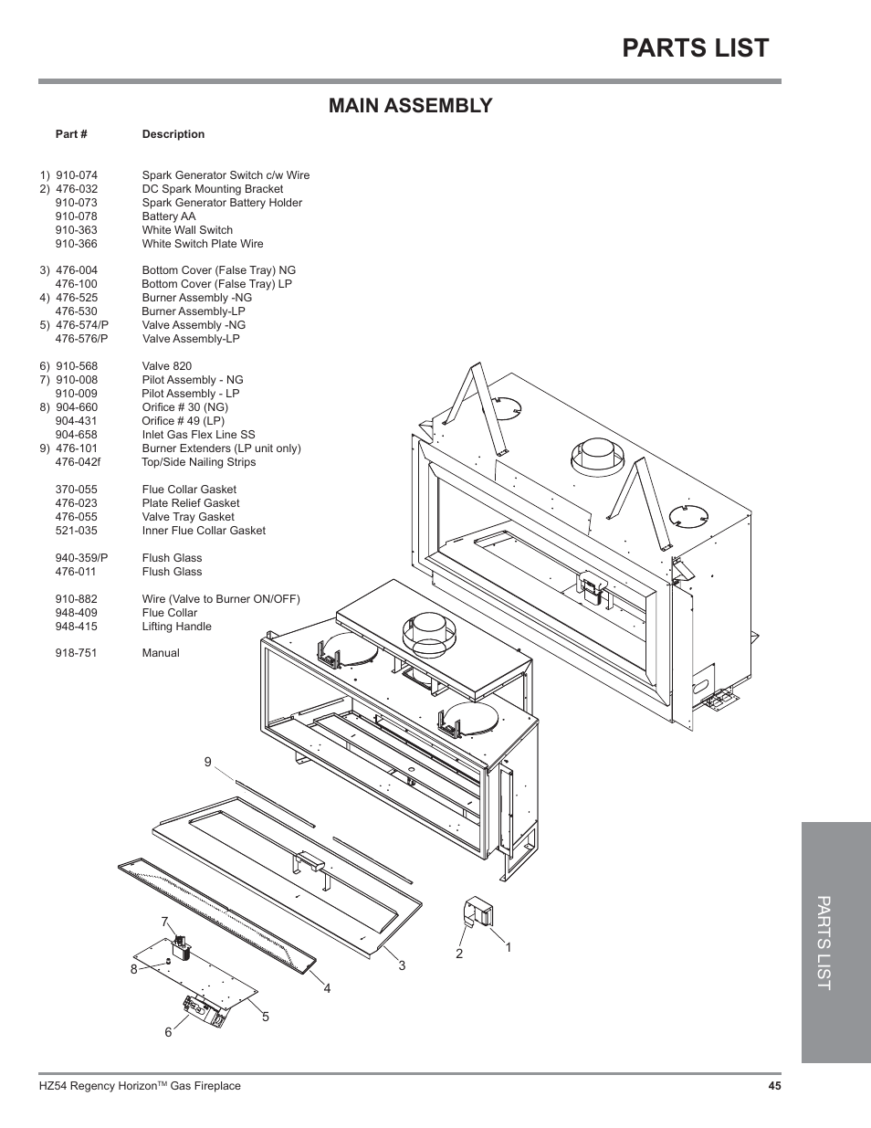 Parts list, Main assembly, Pa r ts list | Regency Horizon HZ54 User Manual | Page 45 / 48