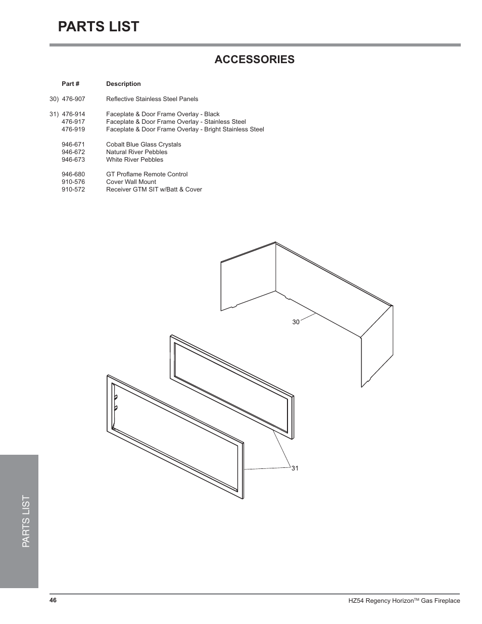 Parts list, Accessories, Pa r ts list | Regency Horizon HZ54 User Manual | Page 46 / 48