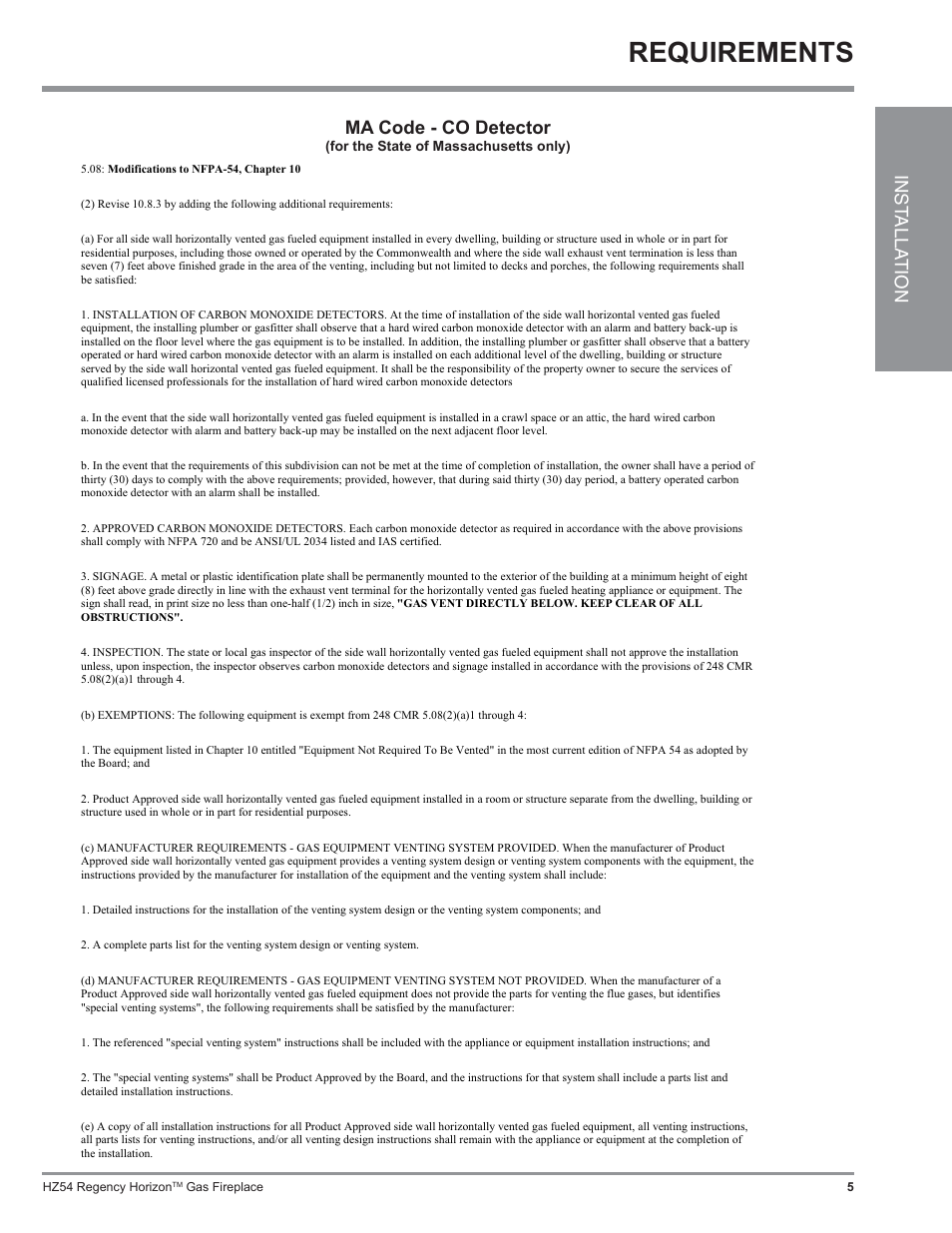 Requirements, Inst alla tion, Ma code - co detector | Regency Horizon HZ54 User Manual | Page 5 / 48