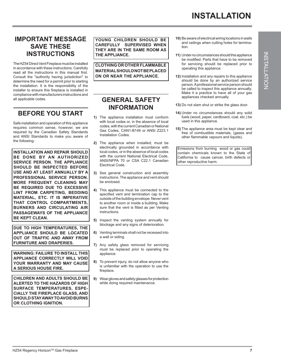 Installation, Important message save these instructions, Before you start | General safety information, Inst alla tion | Regency Horizon HZ54 User Manual | Page 7 / 48