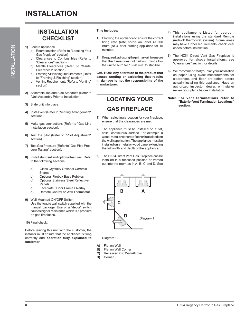 Installation, Locating your, Gas fireplace | Installation checklist, Inst alla tion | Regency Horizon HZ54 User Manual | Page 8 / 48