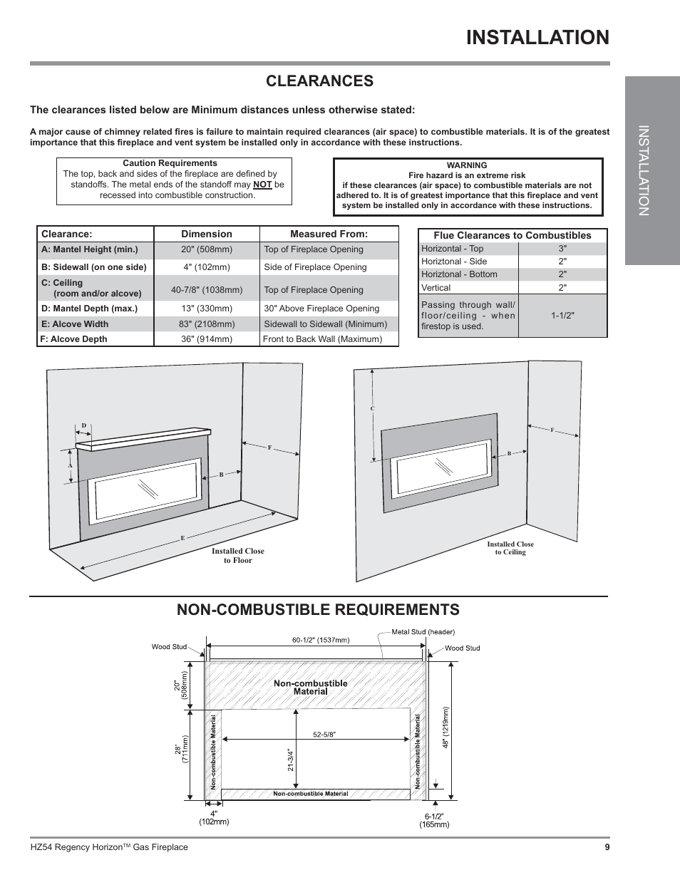 Installation, Clearances, Non-combustible requirements | Inst alla tion | Regency Horizon HZ54 User Manual | Page 9 / 48