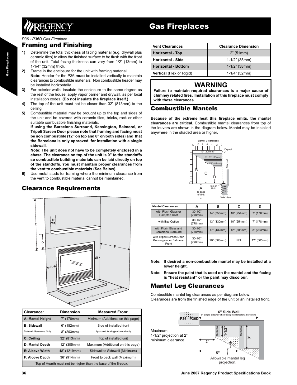 Gas fireplaces, Warning, Framing and finishing | Combustible mantels, Mantel leg clearances, Clearance requirements | Regency Zero Clearance Direct Vent Gas Fireplace P36D-NG1 User Manual | Page 2 / 8