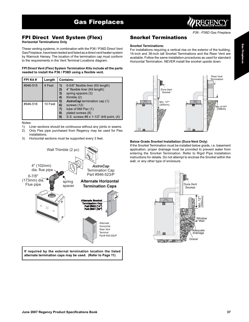 Gas fireplaces, Fpi direct vent system (flex), Snorkel terminations | Regency Zero Clearance Direct Vent Gas Fireplace P36D-NG1 User Manual | Page 3 / 8