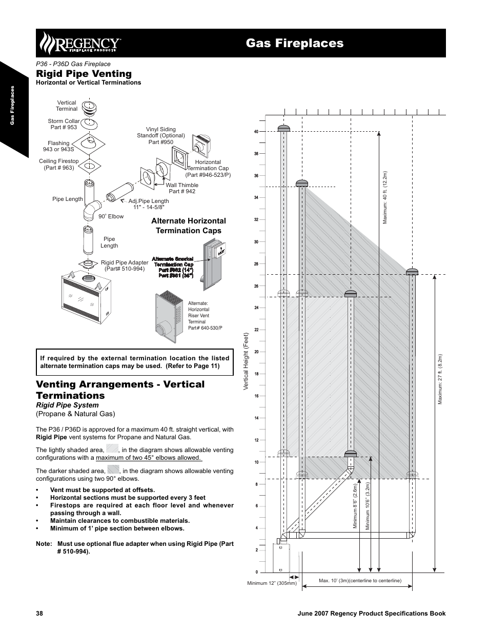 Gas fireplaces, Rigid pipe venting, Venting arrangements - vertical terminations | Alternate horizontal termination caps, Rigid pipe system (propane & natural gas) | Regency Zero Clearance Direct Vent Gas Fireplace P36D-NG1 User Manual | Page 4 / 8