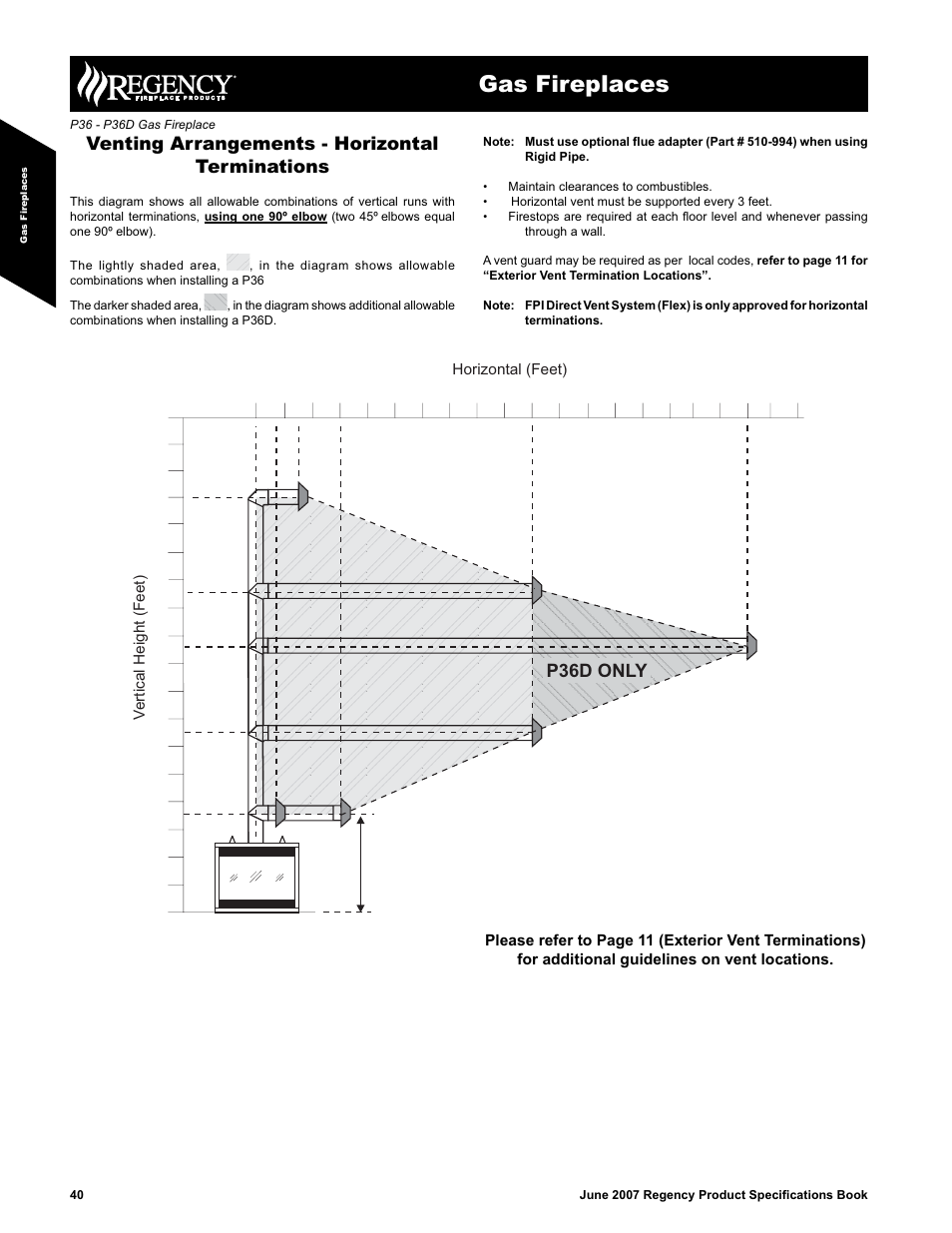 Gas fireplaces, P36d only, Venting arrangements - horizontal terminations | Vertical height (feet) horizontal (feet) | Regency Zero Clearance Direct Vent Gas Fireplace P36D-NG1 User Manual | Page 6 / 8
