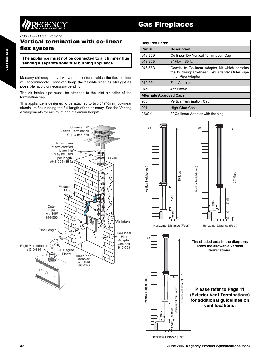 Gas fireplaces, Vertical termination with co-linear ﬂ ex system | Regency Zero Clearance Direct Vent Gas Fireplace P36D-NG1 User Manual | Page 8 / 8
