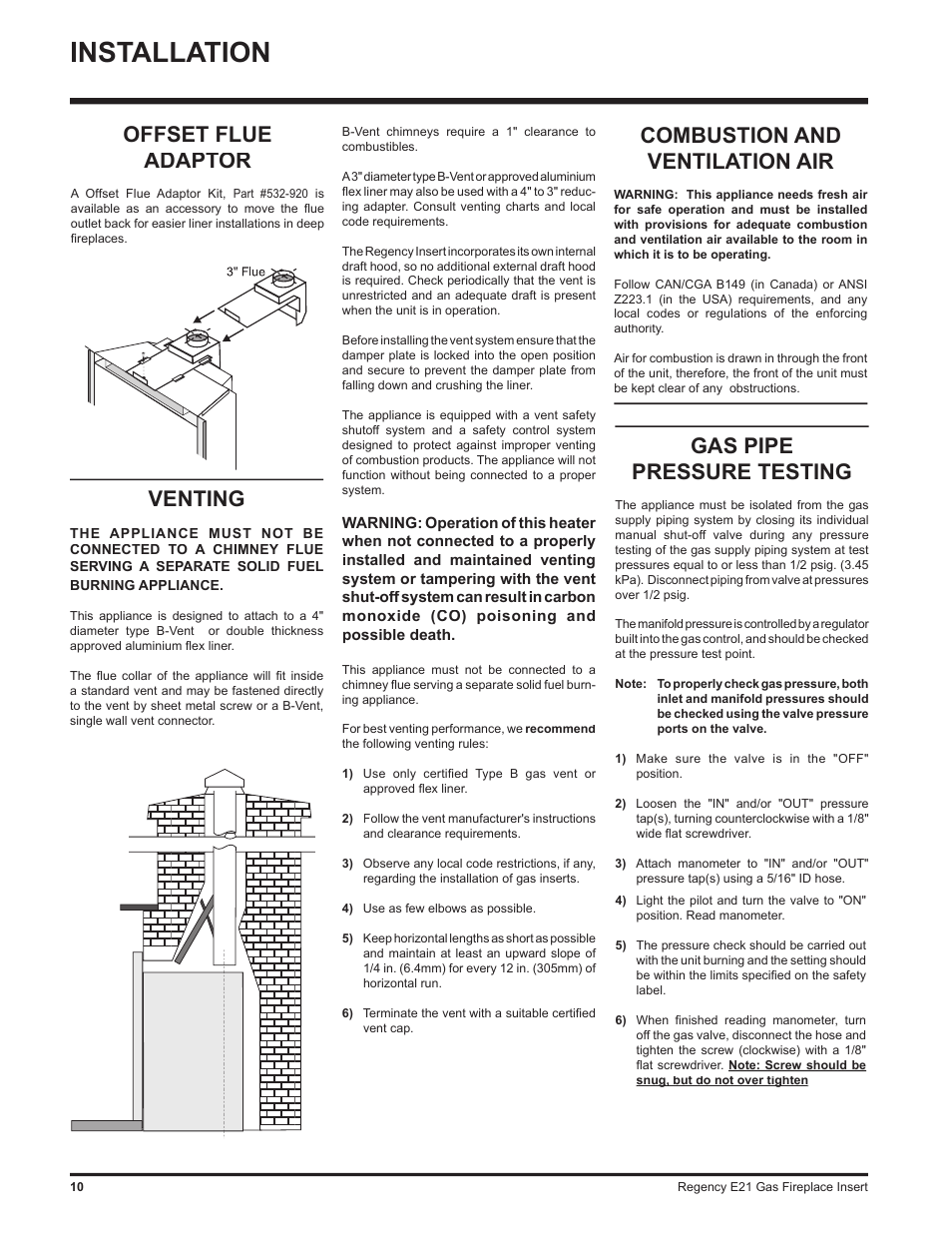 Installation, Gas pipe pressure testing, Offset flue adaptor | Venting, Combustion and ventilation air | Regency E21-LP1 User Manual | Page 10 / 32