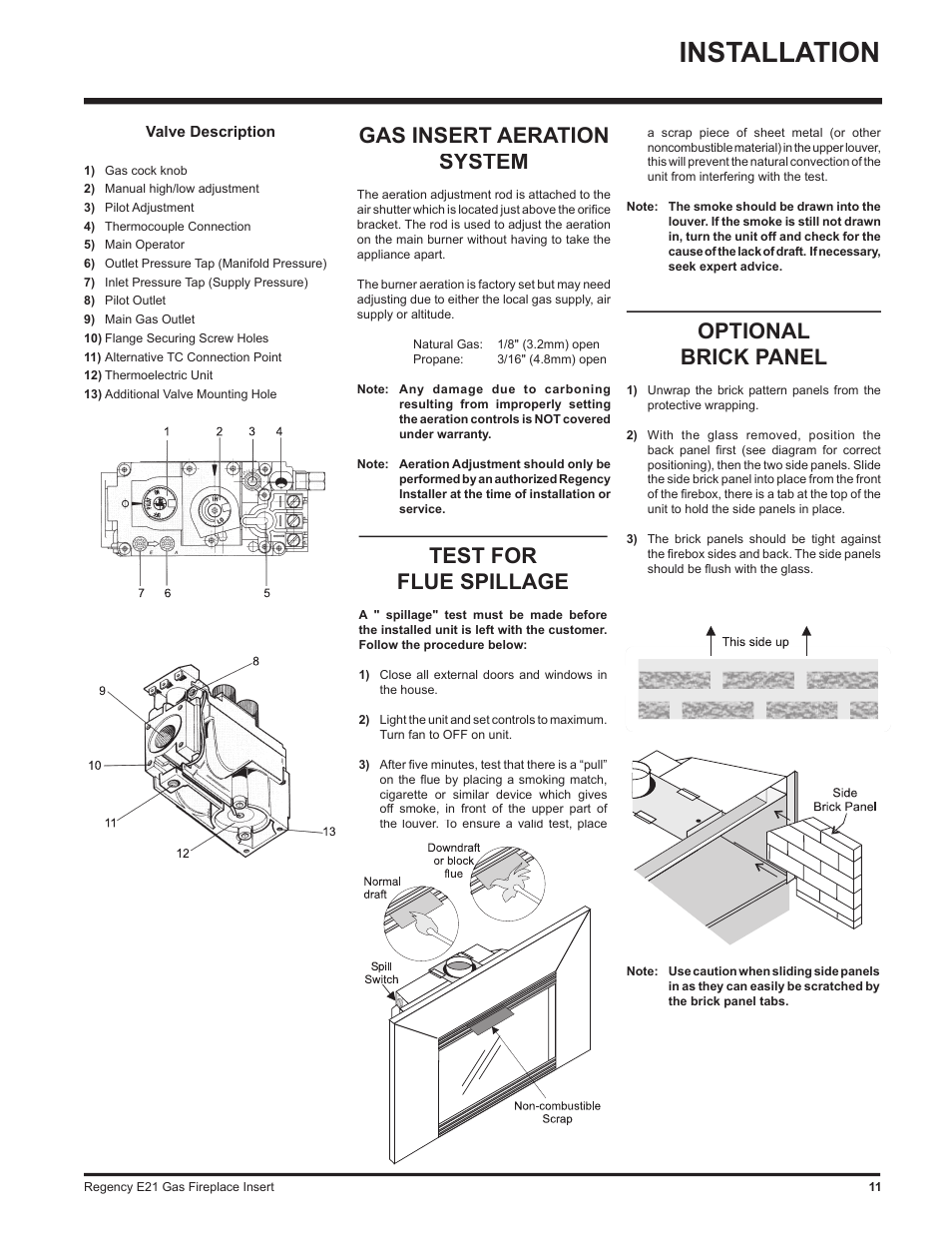 Installation, Test for flue spillage, Gas insert aeration system | Optional brick panel | Regency E21-LP1 User Manual | Page 11 / 32