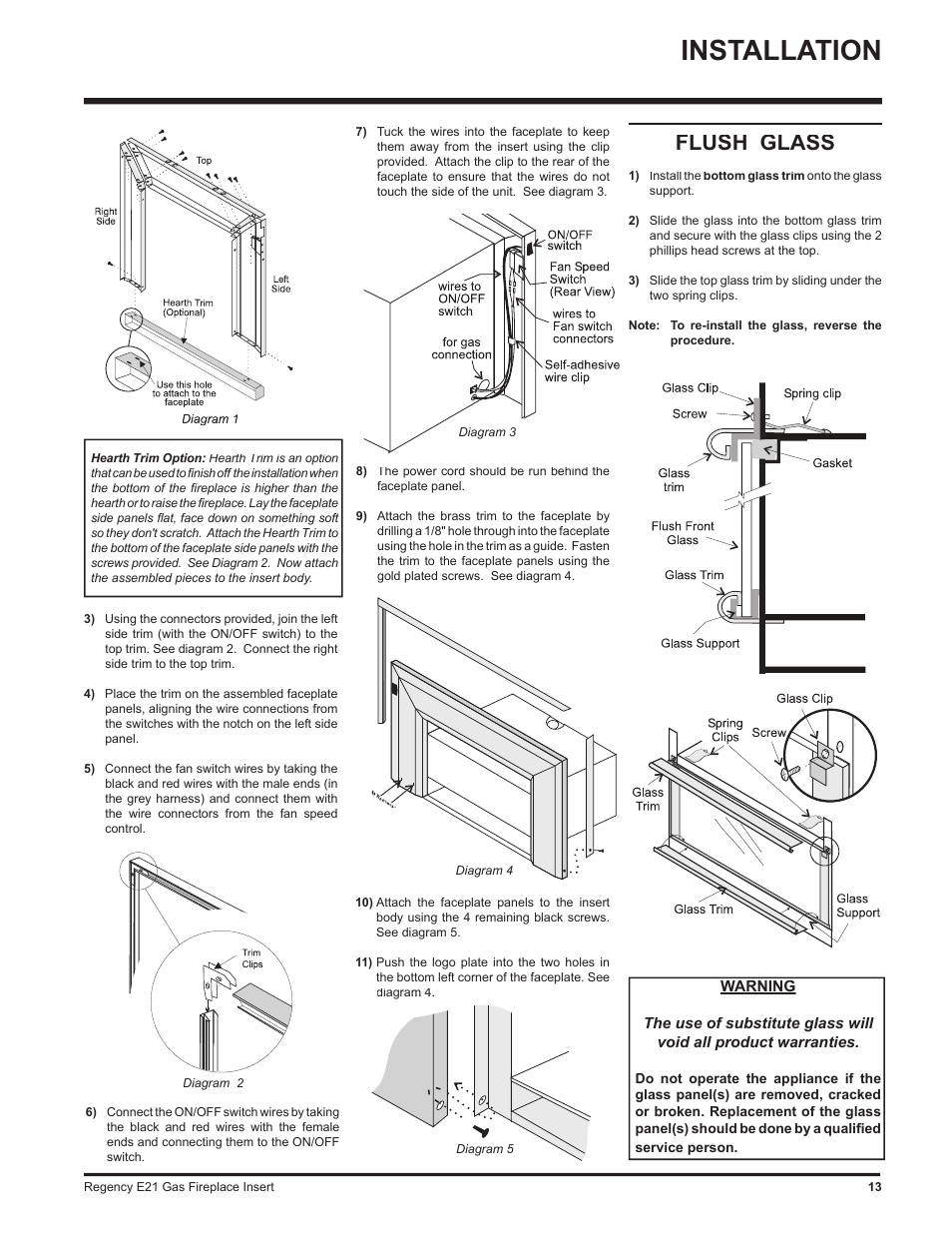 Installation, Flush glass | Regency E21-LP1 User Manual | Page 13 / 32