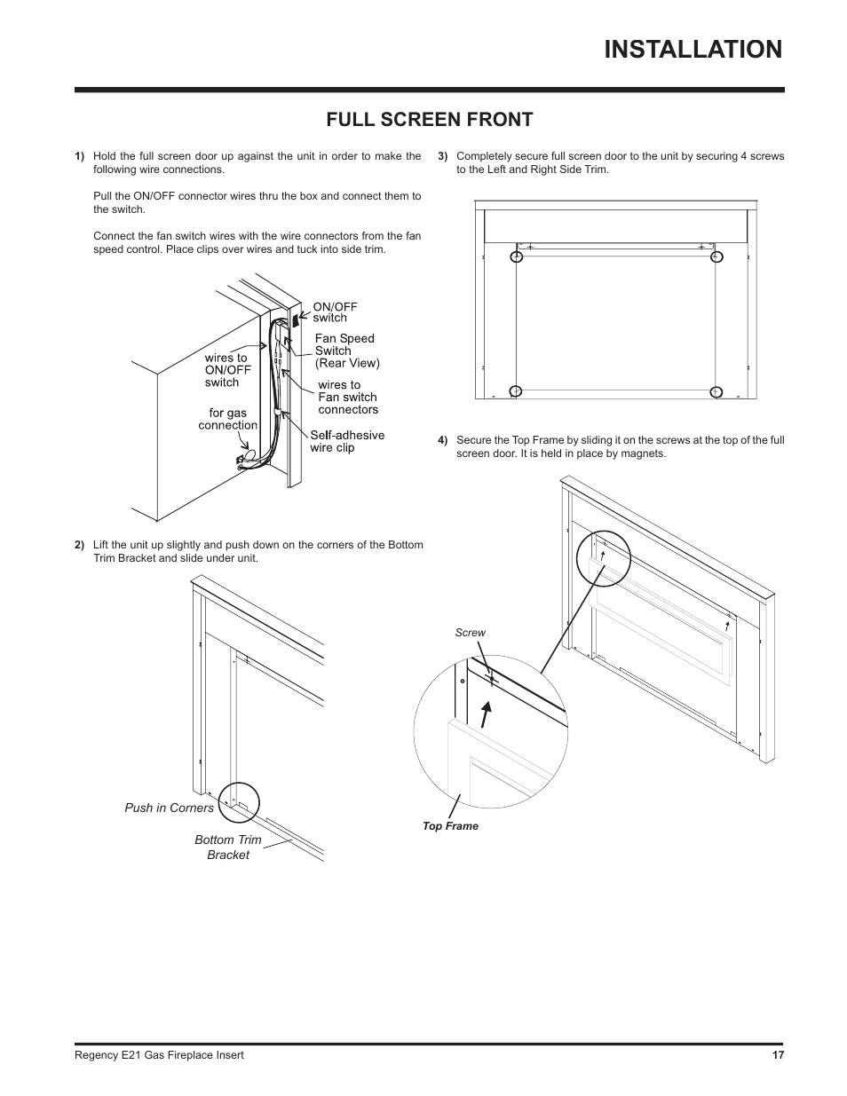 Installation, Full screen front | Regency E21-LP1 User Manual | Page 17 / 32